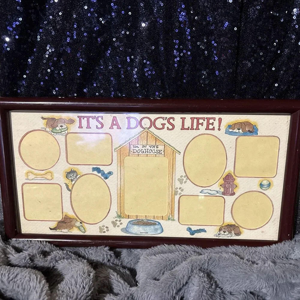 Vintage Its A Dogs Life Pet Collage Picture Frame Wood Wall Decor 8x16 USA